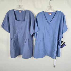 Dickies Mock Scrubs Women's Plus 2X Blue Tops Bundle Deal 1 NWT & 1 EUC Pockets
